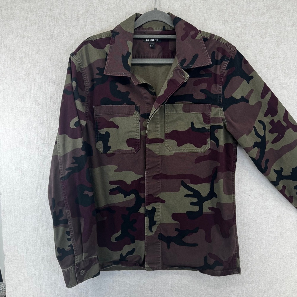 Express Mens Camo Shirt Jacket Small Burgundy Olive Green Utility Military Twill